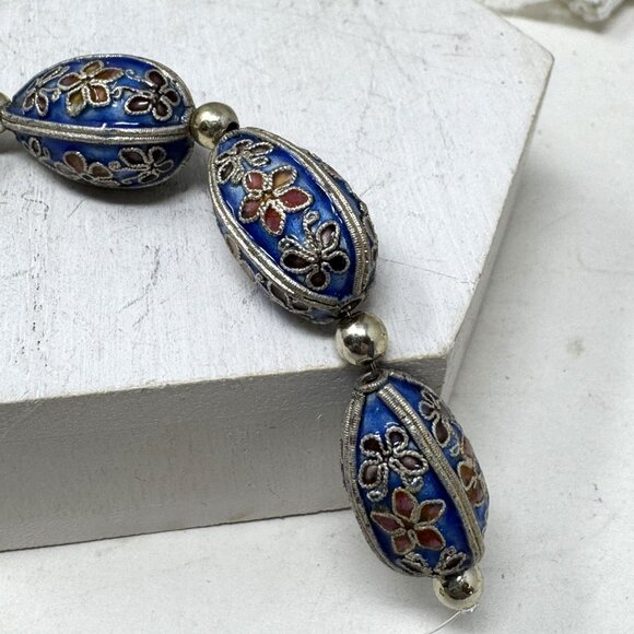Vintage Jewelry - Vintage Cloisonné Blue Floral Oval Bead Necklace Spacer Or Jewelry Making Beads